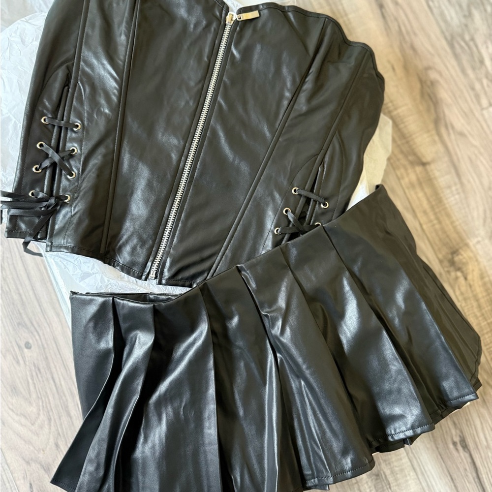 Black Faux Leather Corset and Skirt Set